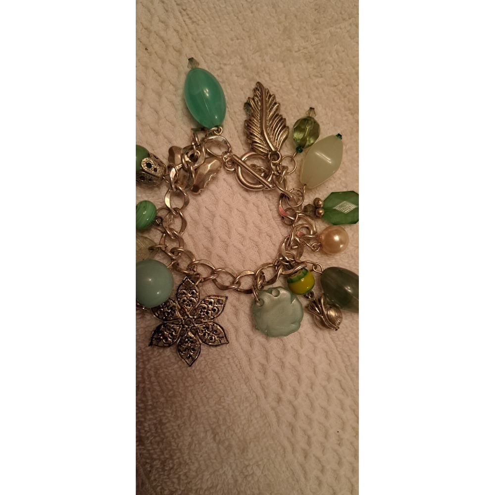 Teal Green Beaded Charm Bracelet Snowflake Leaf Toggle Clasp
